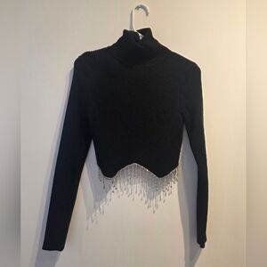 Black Turtleneck Crop Top Sweater with Fringe Detail